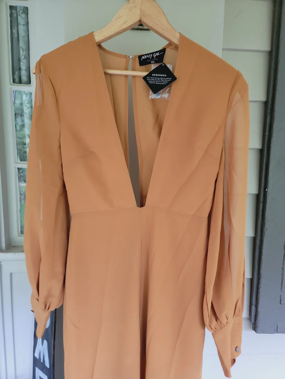 Nasty Gal Mustard Deep Plunge Mustard Color Poly Crepe Jumpsuit Open Sleeve - Picture 3 of 13